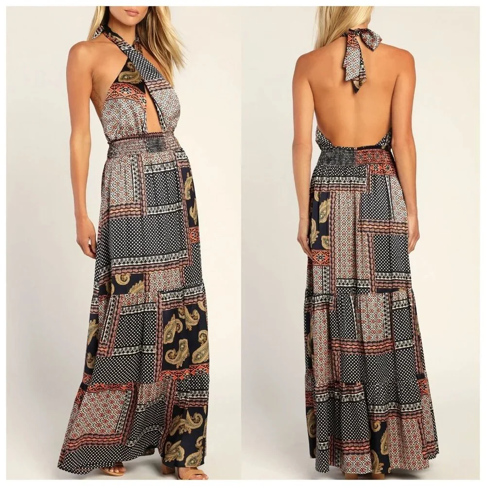 Lulus Trendy Travels Halter Maxi Dress Navy Blue Multi Patchwork Scarf Print S
